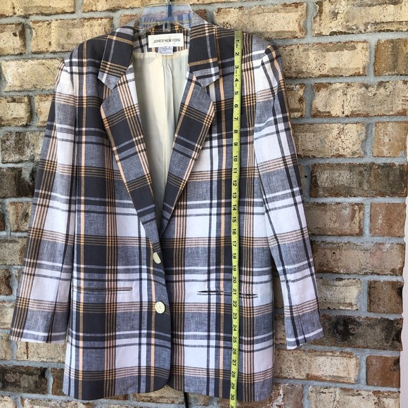 Jones New York Vintage Korea Made Linen Cotton Blend Gray Cream Plaid jacket 8 - Picture 12 of 15